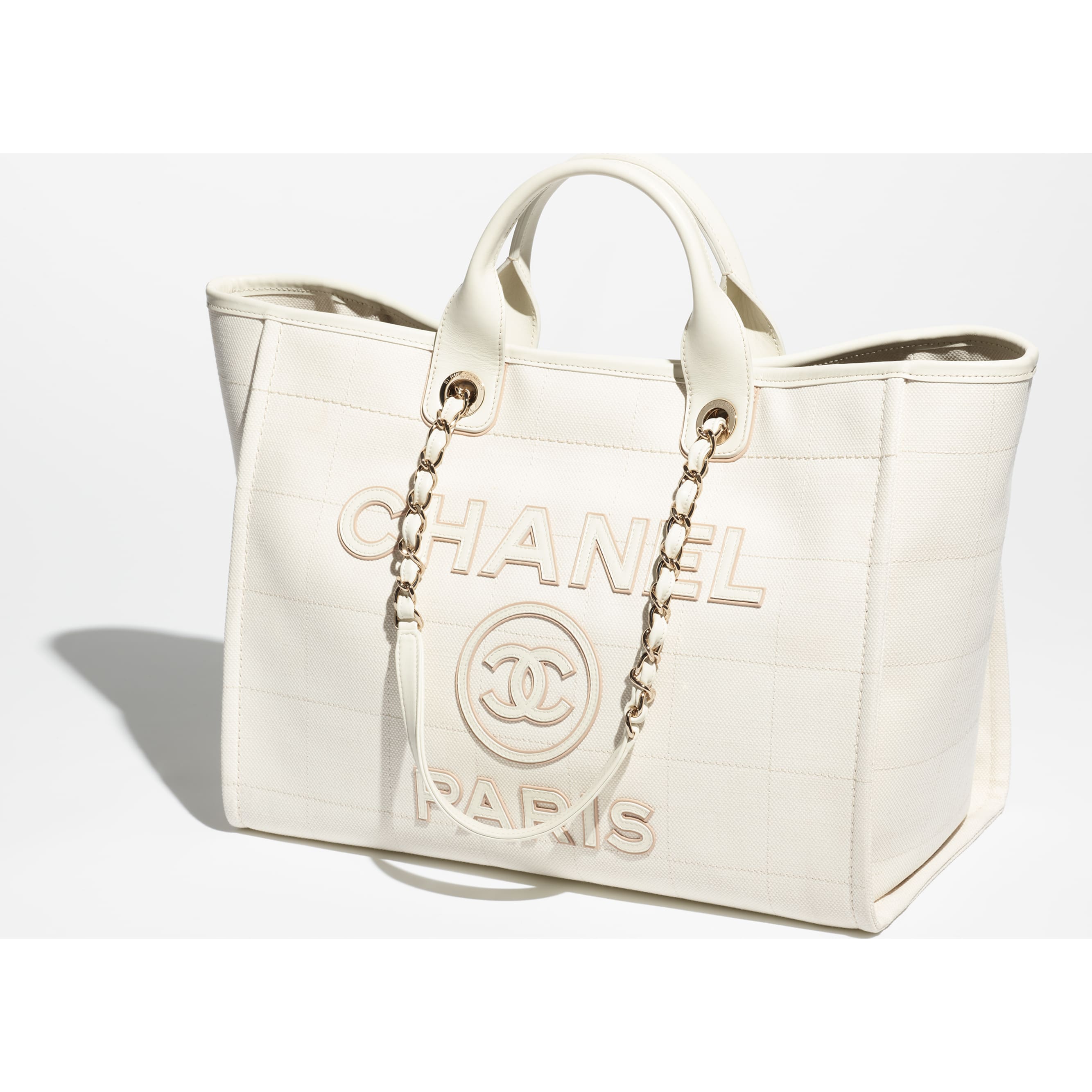 Chanel Large Shopping Bag Cotton, Calfskin & Gold-Tone Metal A66941 B10017  NL722 Ecru & Light Beige 